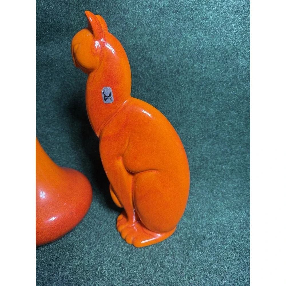 Royal‎ Haeger MCM Pottery Orange Winking Cat Statue + Vase Green Eye Figurine